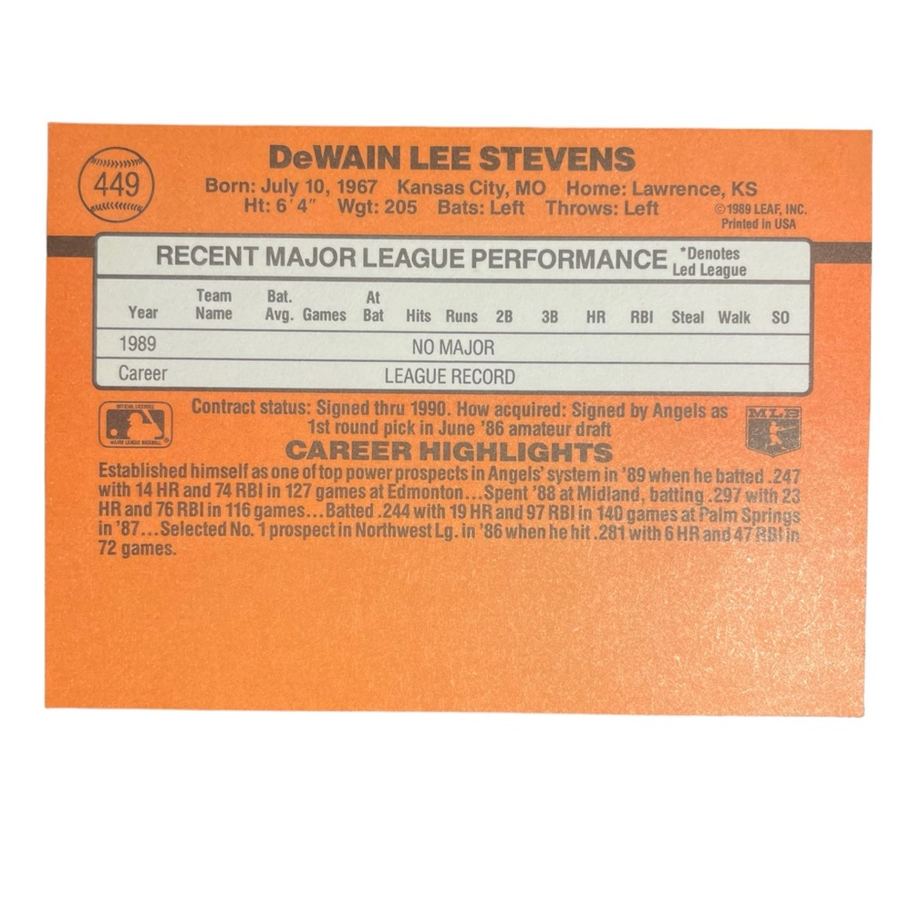1989 lee stevens california angels donruss baseball card # 449 - Picture 2 of 5